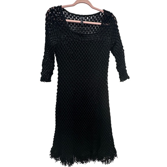 Elana Kattan Black Mesh Witchy Boho Crochet Dress 3/4 Sleeve Fringe Hem Size M - Picture 1 of 9